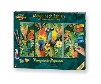 Parrots in the rain forest Triptych - Painting by Numbers