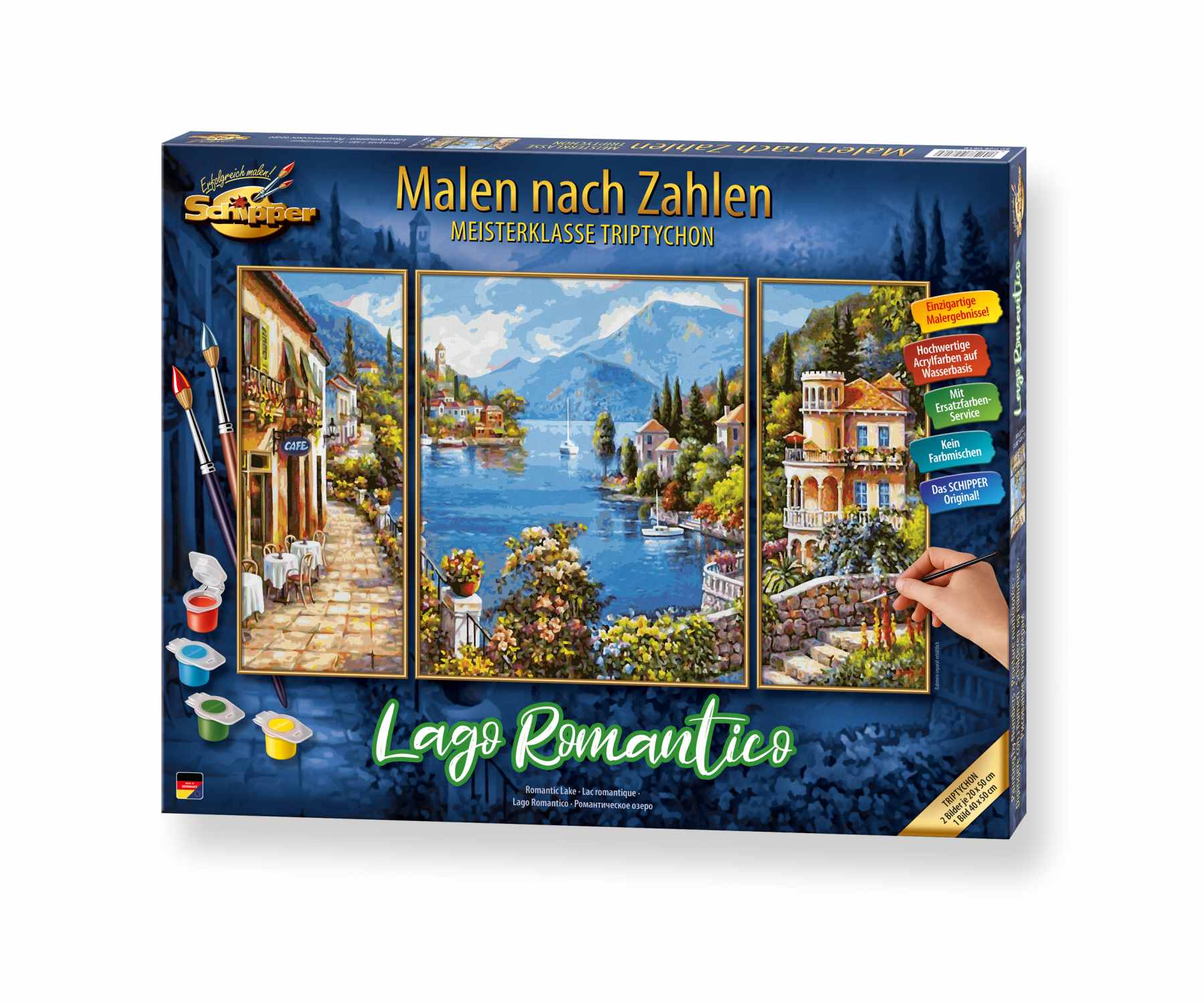 Schipper 609260818 Malen Nach Zahlen – Lago Romantico – Triptychon (50 X 80 Cm) – 3 Leinwände Mit Leinenstruktur – Inklusive 36 Acrylfarben, Pinsel, Anleitung – Für Erwachsene Und Anfänger – Deutsches Qualitätsprodukt