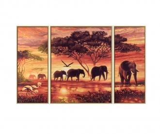 Africa Elephant Caravan Triptych - Painting by Numbers