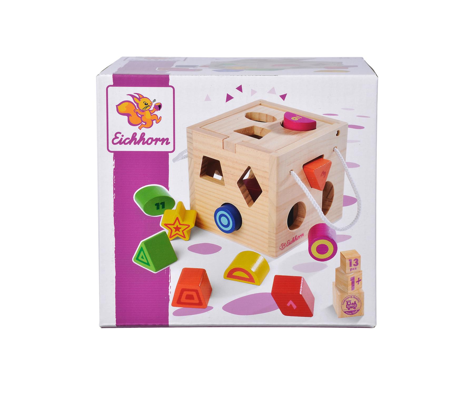 Simba Eichhorn Shape Sorter Cube - Wooden Puzzle With 12 Numbered Blocks, 14.5cm Cube, Promotes Motor Skills & Shape Recognition For Toddlers 1+