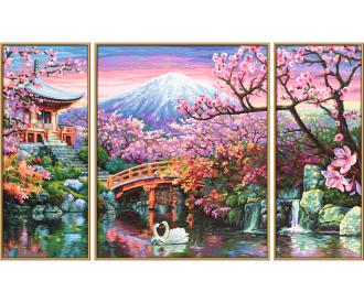 Cherry Blooming in Japan Triptych - Painting by Numbers