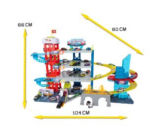 Majorette Double Track Garage mit 4 Fahrzeugen - Parkgarage mit Aufzug, Doppel-Rennstrecke, 4 Ebenen, 40 Parkplätze, Spielzeugauto-Set aus Metall, für Sammler und Kinder ab 5 Jahren, 104 x 66 cm