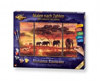 Africa Elephant Caravan Triptych - Painting by Numbers