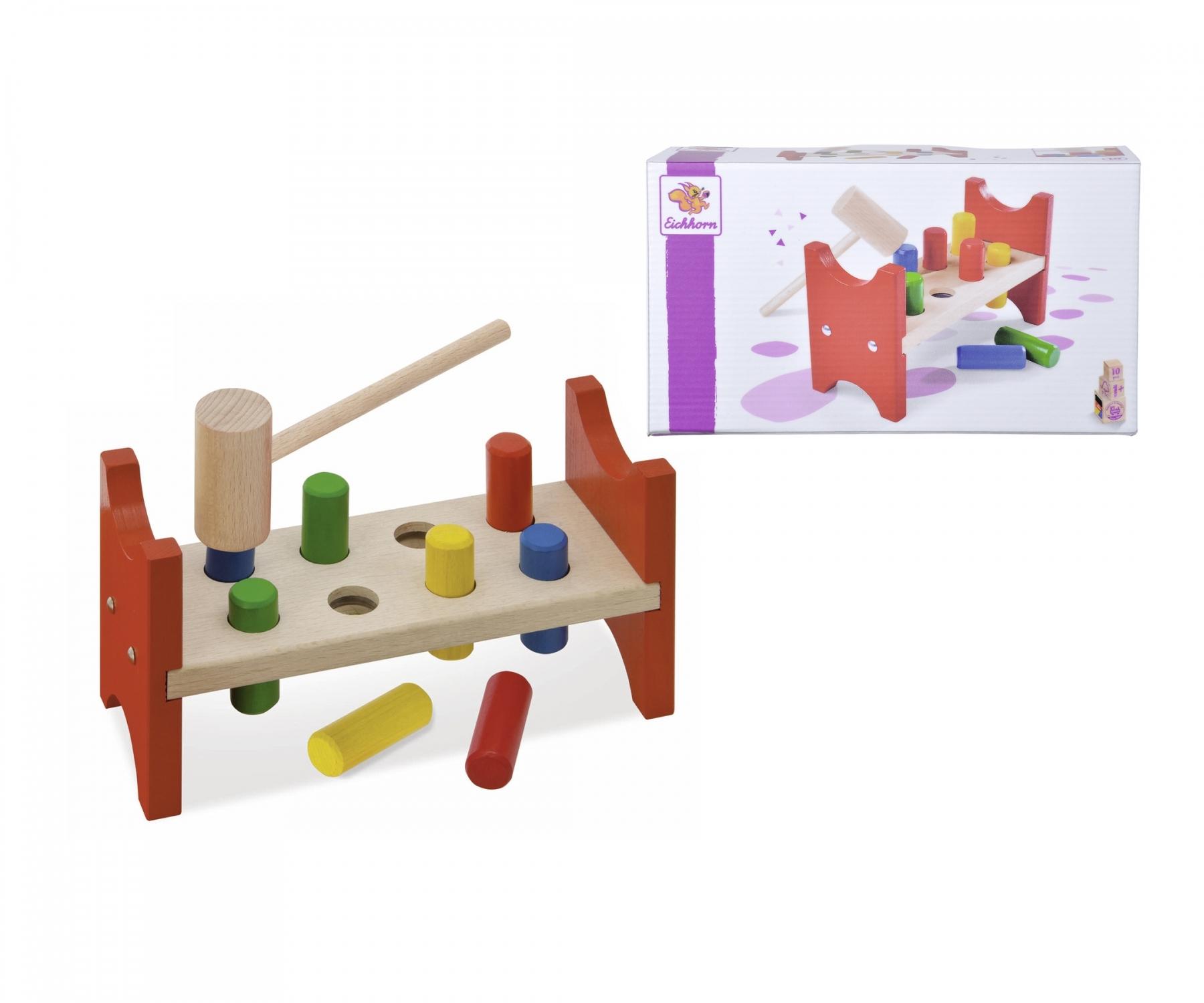 Eichhorn Color 100002221 Steckspiel Klopfbank Holzspiel mit Hammer und bunten Formen 10-teilig für Kinder ab 1 Jahr