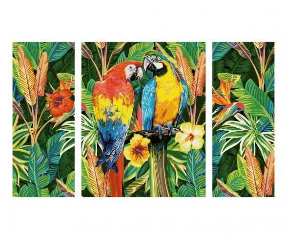 Parrots in the rain forest Triptych - Painting by Numbers