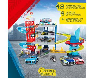 Majorette Double Track Garage mit 4 Fahrzeugen - Parkgarage mit Aufzug, Doppel-Rennstrecke, 4 Ebenen, 40 Parkplätze, Spielzeugauto-Set aus Metall, für Sammler und Kinder ab 5 Jahren, 104 x 66 cm